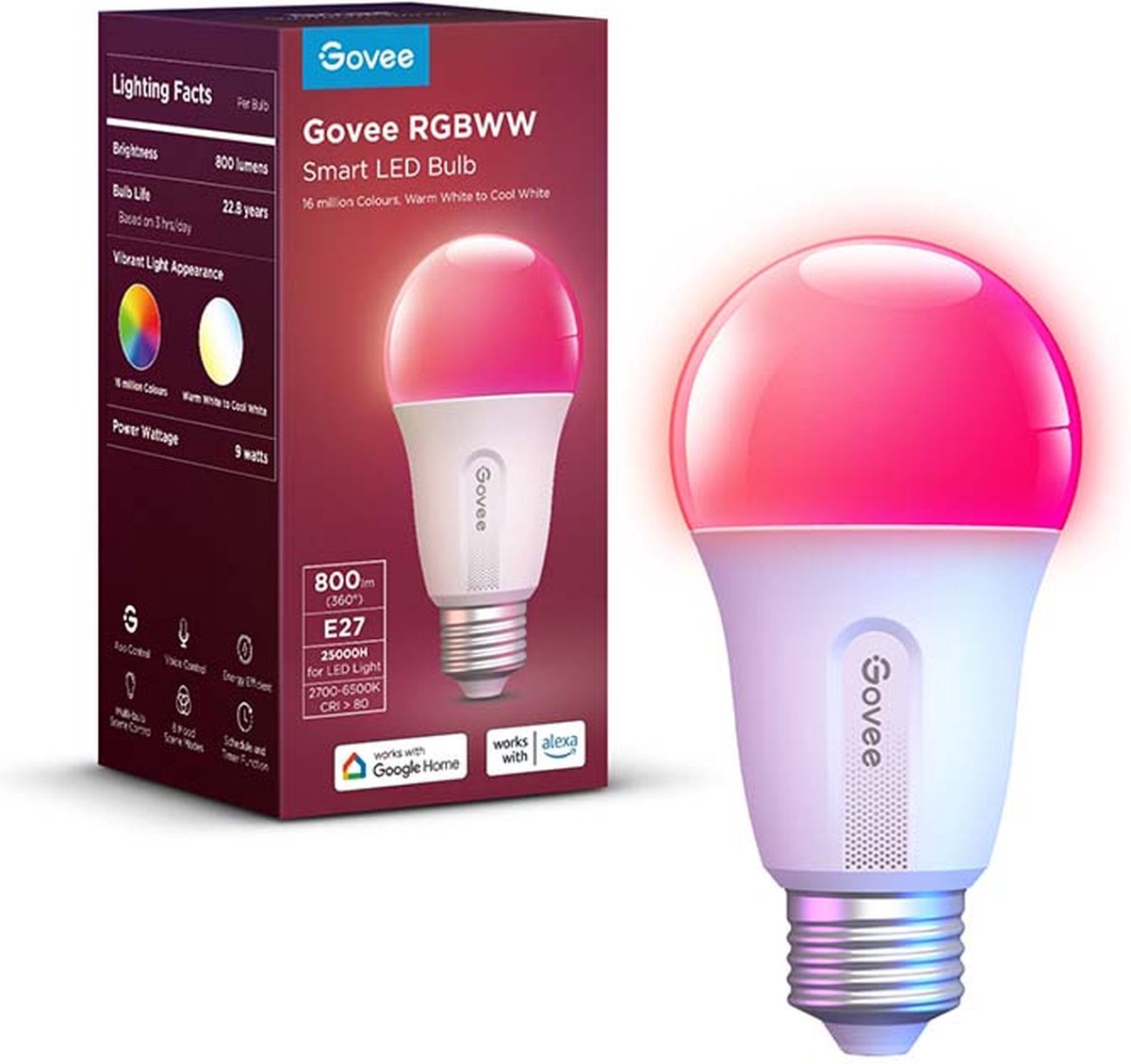Govee smart lampe e27 rgbww 6 cm - 800 lumen - 1 pakke