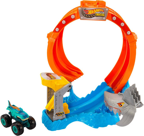 Hot wheels monster trucks spiral shark smash, monster truck kredsløbssæt, 4 år, plastik, flerfarvet