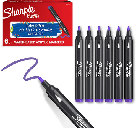 Sharpie kreative tusch akrylmaling tuscher | runde punkt | vandbaserede malingstusser | blækket bløder ikke og passer til de fleste overflader | lilla | 6 stk