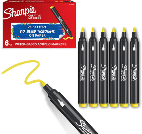 Sharpie kreative tusch akrylmaling tuscher | runde punkt | vandbaserede malingstusser | blækket bløder ikke og passer til de fleste overflader | gul | 6 stk