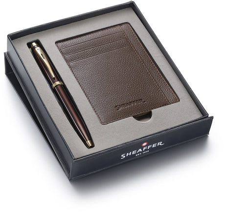 Sheaffer kuglepen gavesæt 100 9370 - blank brun guldtone - med kreditkortholder - rustik mokka - sf-g2937051-2