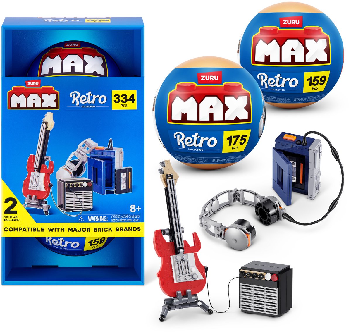 Max build more premium retro s2 byggeklodser kollektion 2-pak (walkman guitar og forstærker) fra zuru