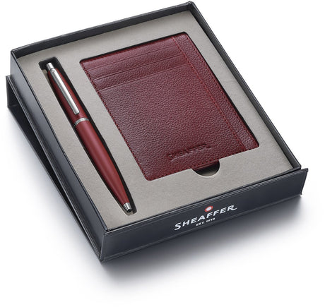 Sheaffer ballpoint pen gift set - vfm 9403 - excessive red chrome plated - with credit card holder scarlet blaze - sf-g2940351-2
