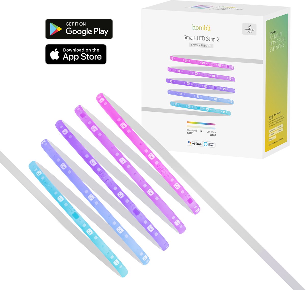 Hombli slimme led strip 5m - rgb, ic cct - dimbaar - app bestuurd - lichtsnoer binnen - led verlichting