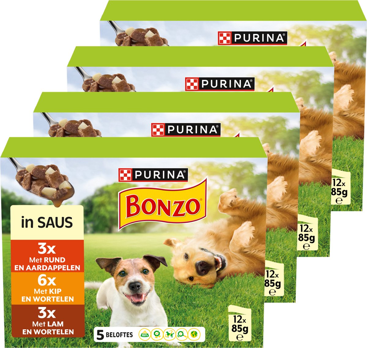 Bonzo måltidsposer i sauce - hundefoder vådfoder - oksekød kylling lam - 48 x 85 g
