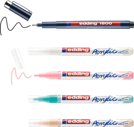 Edding manga kreativt sæt - tegne manga til begyndere på mange forskellige overflader - 1x 1800 profipen sort - 4x 5300 akryl tuscher - 6x blanke kort - 3x skabeloner - 1x trin-for-trin forklaring - alt-i-et sæt