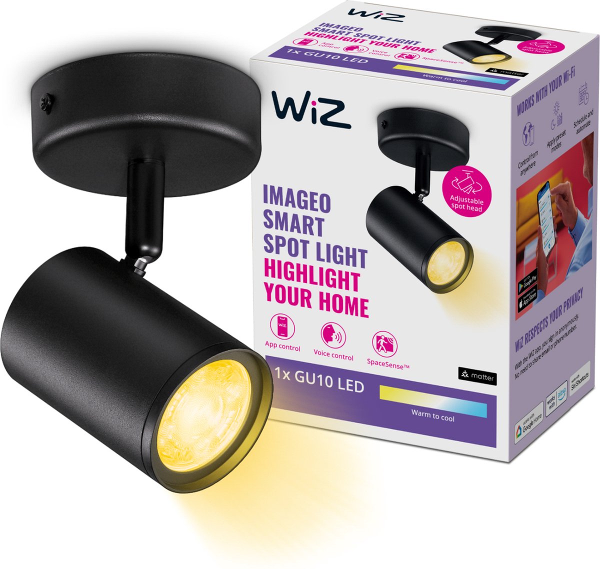 Wiz plafondlamp imageo - opbouwspot - 1 spot - warm- tot koelwit licht - slimme led verlichting - gu10 fitting - 1x 5w - zwart - wi-fi