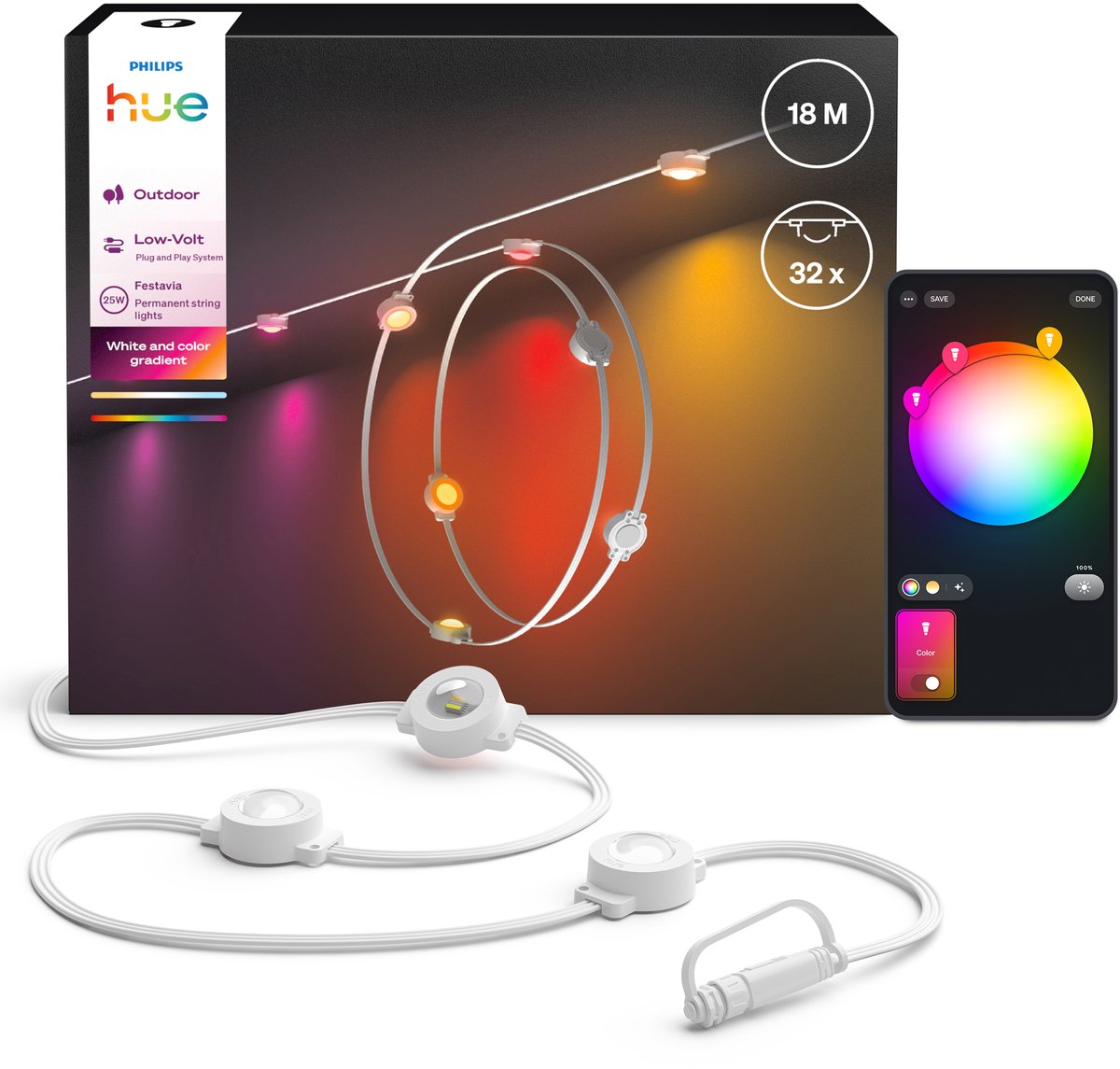 Philips hue festavia permanent - witte snoer 18 m met 32 lampen - wit en gekleurd licht met kleurverloop - tot 50 lumen per lamp
