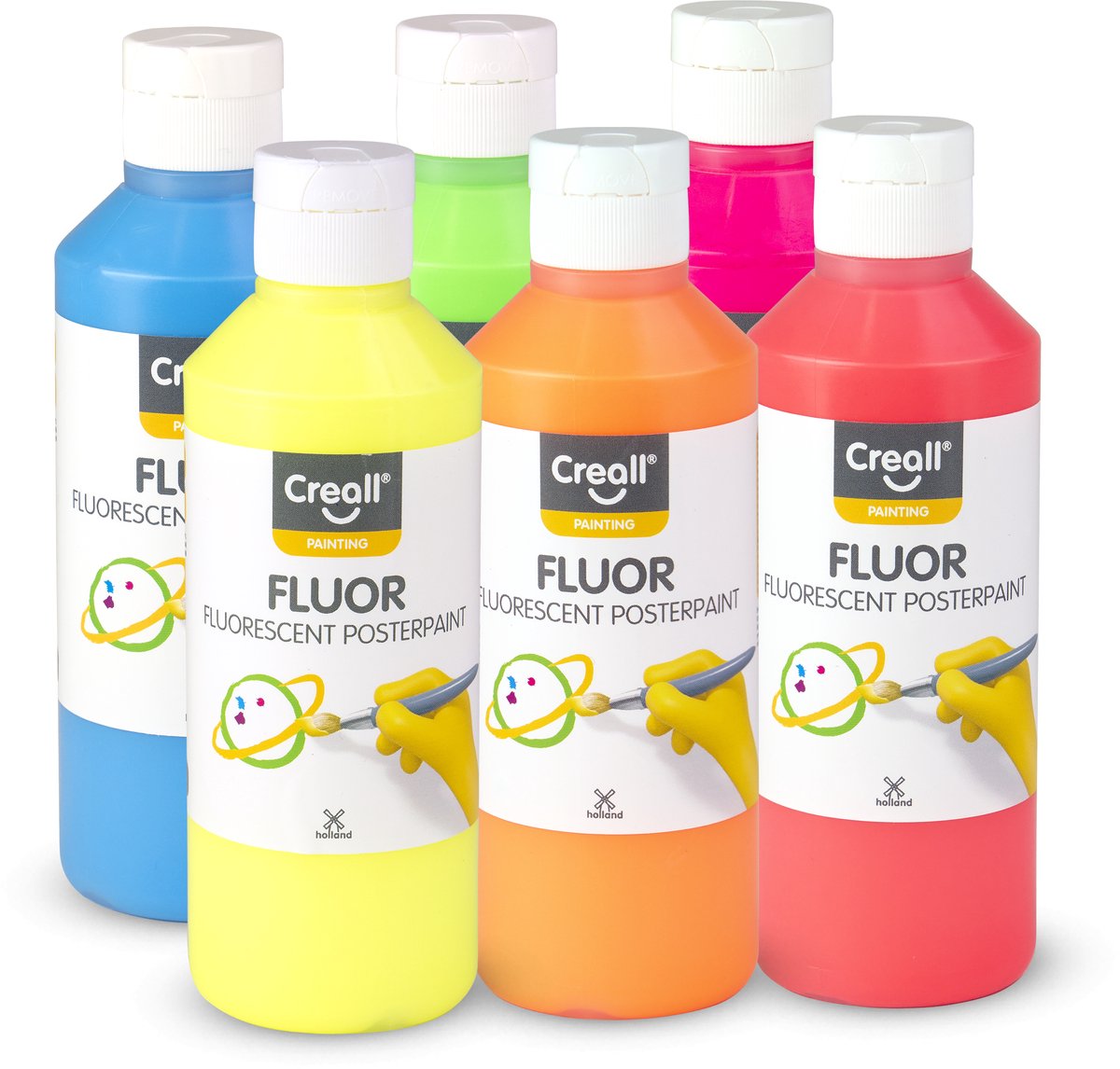 Creall gouache sæt - fluoro - fluorescerende maling - sæt med 6 fluorescerende farver - 6x250ml - til børn og kreative mennesker - lavet i Holland