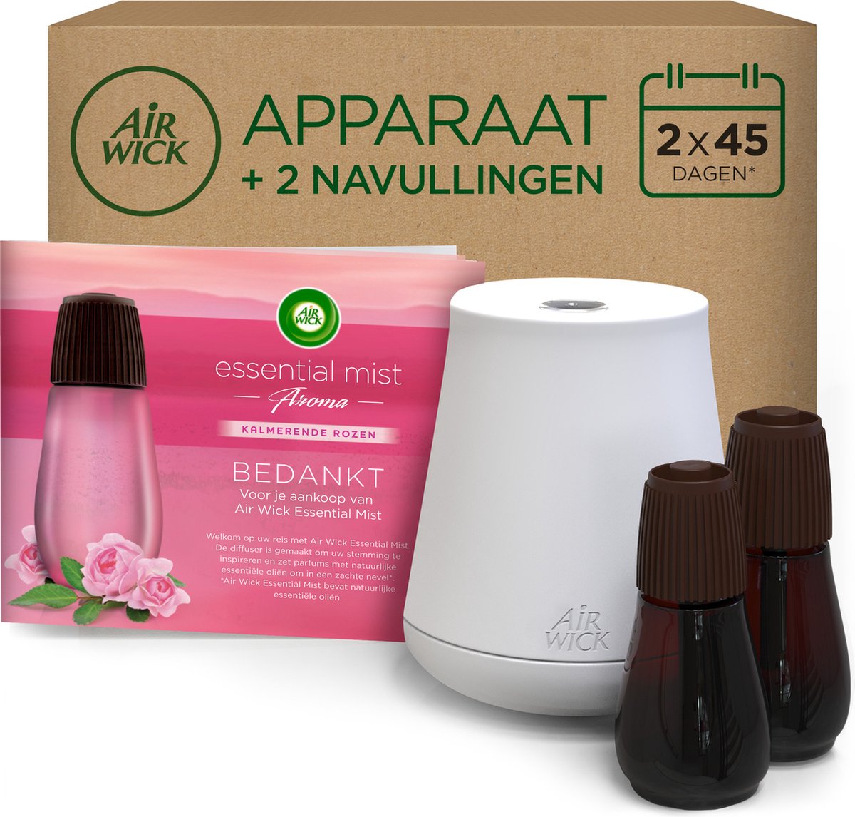 Air wick essential mist air freshener - beroligende roser - 1 hvid enhed + 2 refills