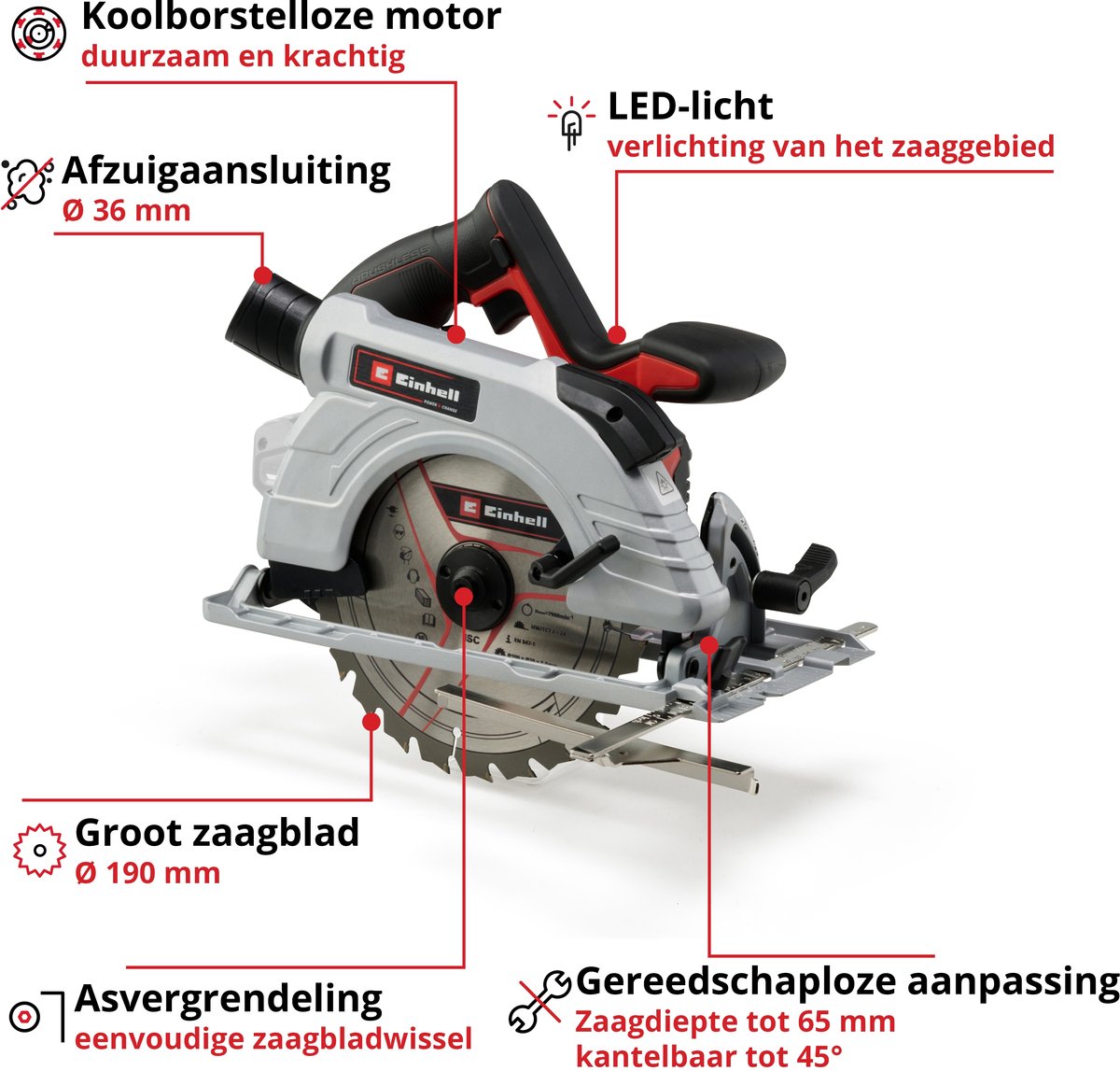 Einhell akku rundsav tp-cs 18 190 li bl solo - power x-change - 18 v li-ion - børsteløs motor - 3.800 t min - ø190x20 30 mm 24 t - max. skæredybde: 90° 45°: 65 45 mm - ekskl. batteri og oplader