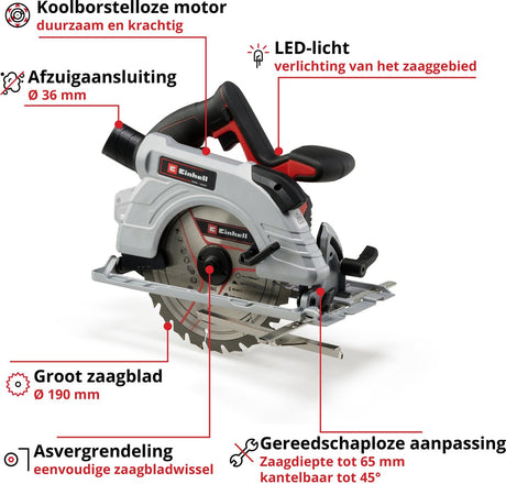 Einhell akku rundsav tp-cs 18 190 li bl solo - power x-change - 18 v li-ion - børsteløs motor - 3.800 t min - ø190x20 30 mm 24 t - max. skæredybde: 90° 45°: 65 45 mm - ekskl. batteri og oplader
