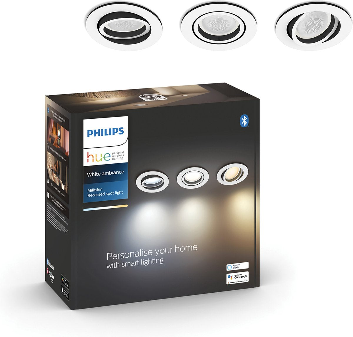 Philips hue milliskin inbouwspot - warm- tot koelwit licht - 3-pack - aluminium - rond - gu10
