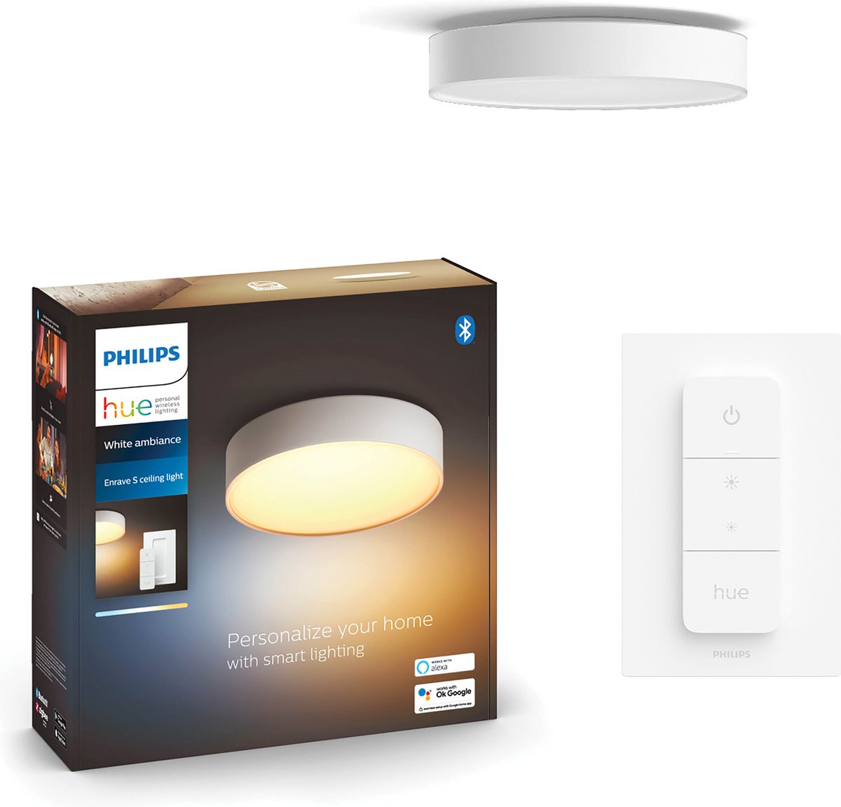 Philips hue enrave plafondlamp - warm tot koelwit licht - wit - 26cm - 1 dimmer switch