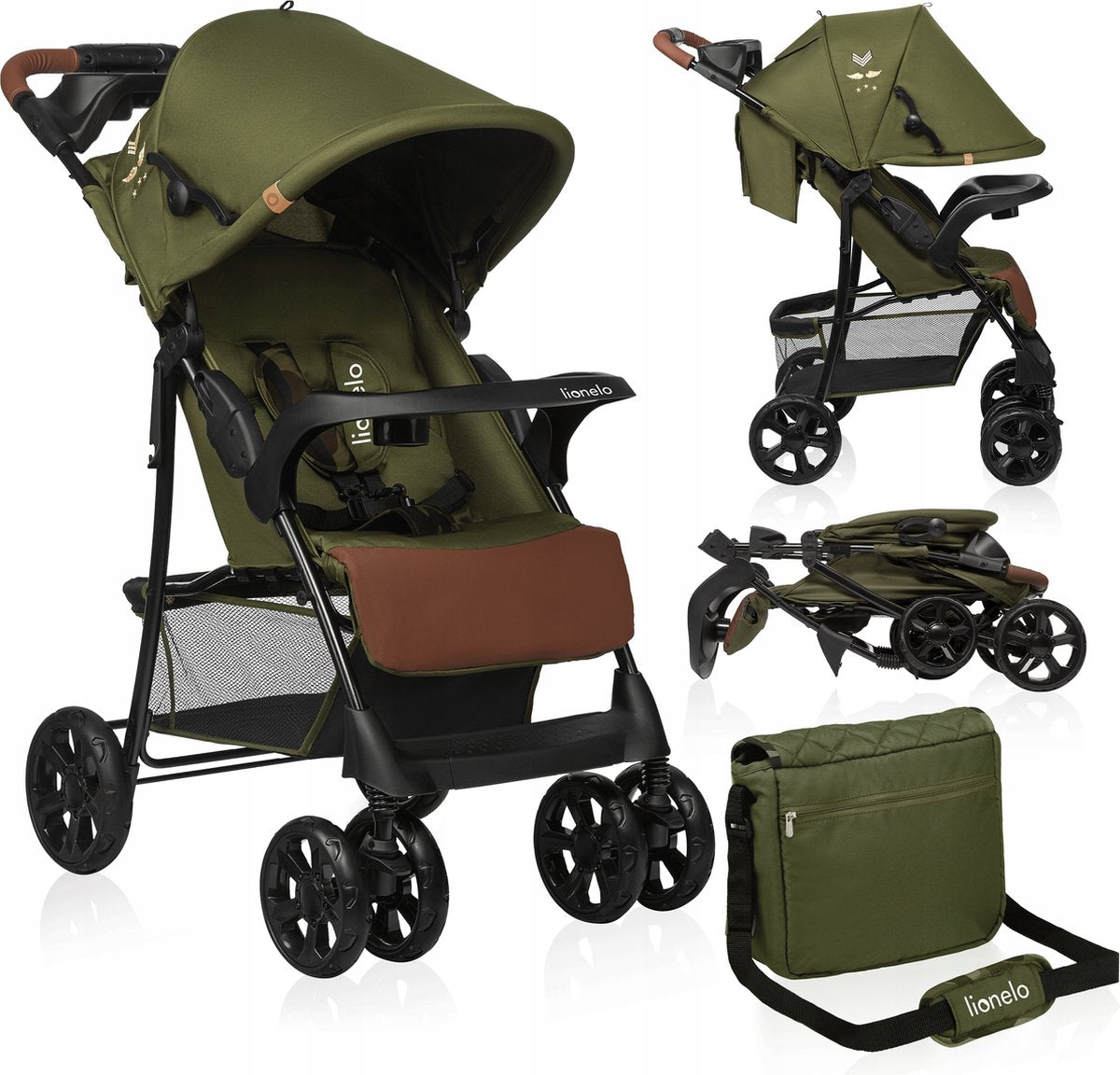 Lionelo emma plus buggy og barnevogn - let og holdbar - justerbart ryglæn til liggende stilling - xxl fortelt med vindue - stor kurv - organizer og taske - støddæmpere - 5-punkts bælte - op til 15 kg - kompakt foldbar