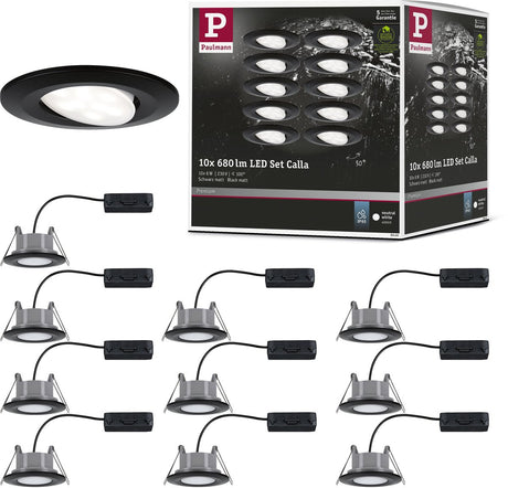 Paulmann LED indbygningslampe Calla basissæt drejelig IP65 rund 90 mm 30° 10x6W 10x500lm 230V 4000K sort mat