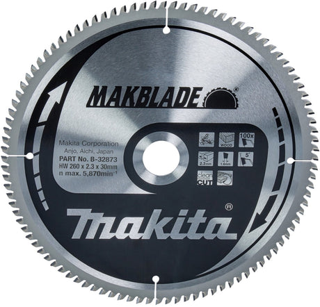 Makita krydssavklinge til træ | makblade | ø 260 mm akselhul 30 mm 100t - b-32873