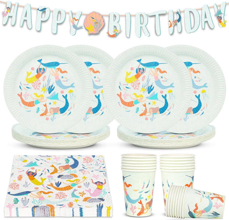 Talking tables zeemeermin feestdecoratie en tafelaankleding – wegwerp papieren zeemeermin borden, bekers, servetten, tafelkleed en herbruikbare vlaggenlijn voor onderwater kinderverjaardagsfeestjes