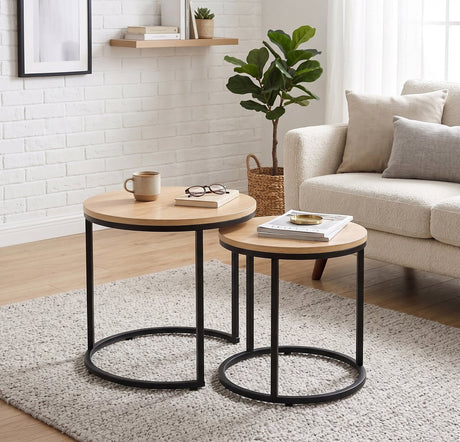Mano fritidssidebordssæt 2-delt – rundt – egemønster sort metal – redeborde – ø40 og ø35 cm
