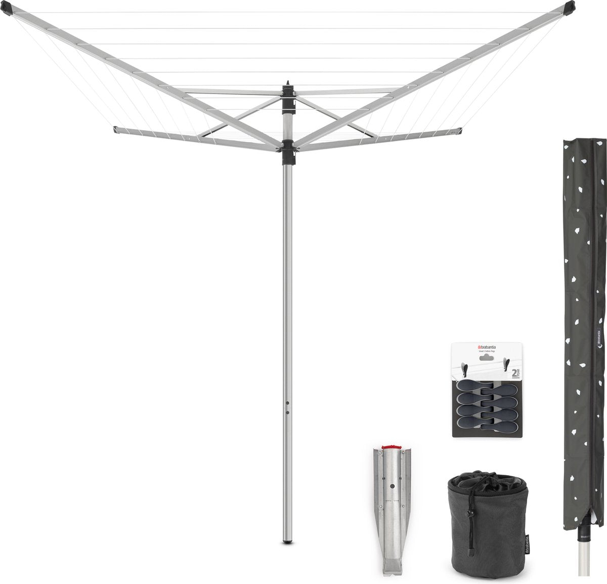 Brabantia lift-o-matic tørretumbler - 40 m - med metal jordanker - beskyttelsesdæksel - tøjklemmepose og tøjklemmer - metallisk grå