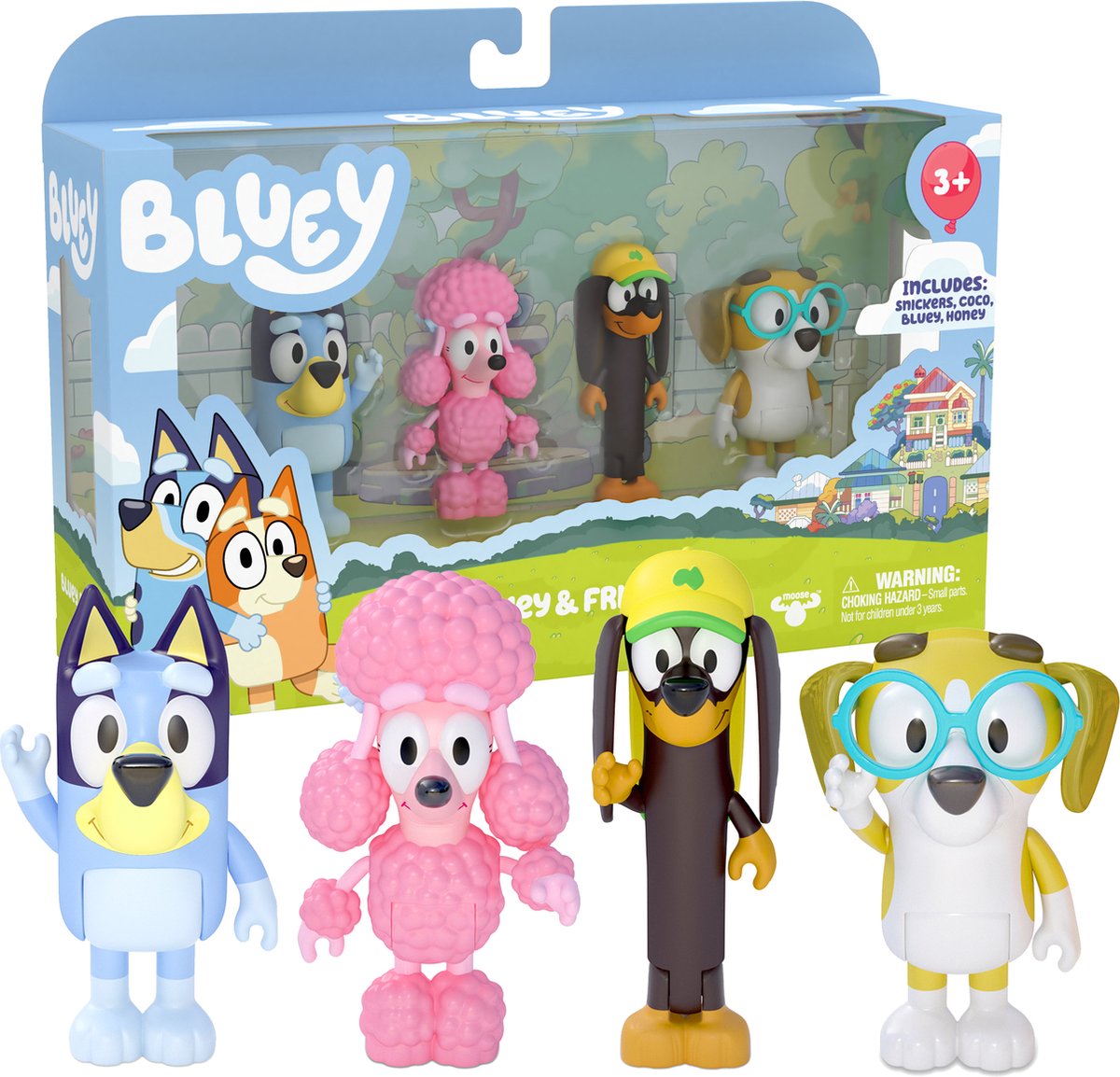 Moose legetøj bluey - 4 legefigurer venner: bluey, snickers, coco og honning - lege figursæt