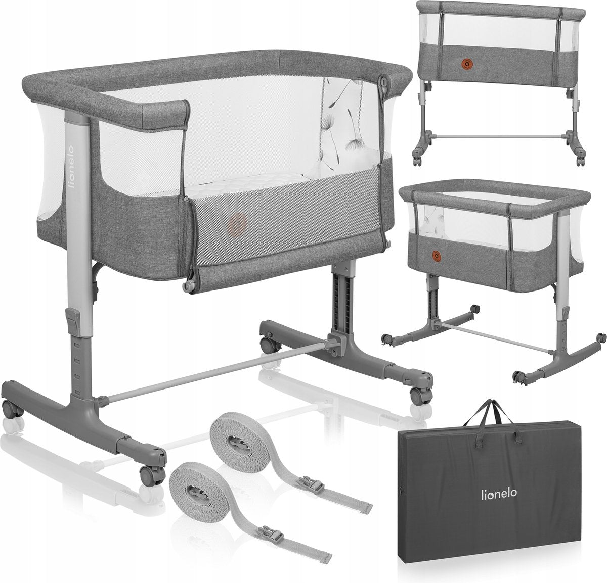 Lionelo aurora 3in1 co-sleeper - babyseng op til 9 kg - vokse-med-seng - 4 hjul med bremser - campingseng - justerbar højde - åndbart mesh - inklusive madras transporttaske - aftageligt betræk