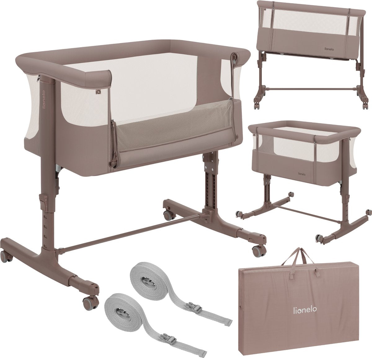 Lionelo aurora 3in1 co-sleeper - babyseng op til 9 kg - vokse-med-seng - 4 hjul med bremser - campingseng - justerbar højde - åndbart mesh - inklusive madras transporttaske - aftageligt betræk