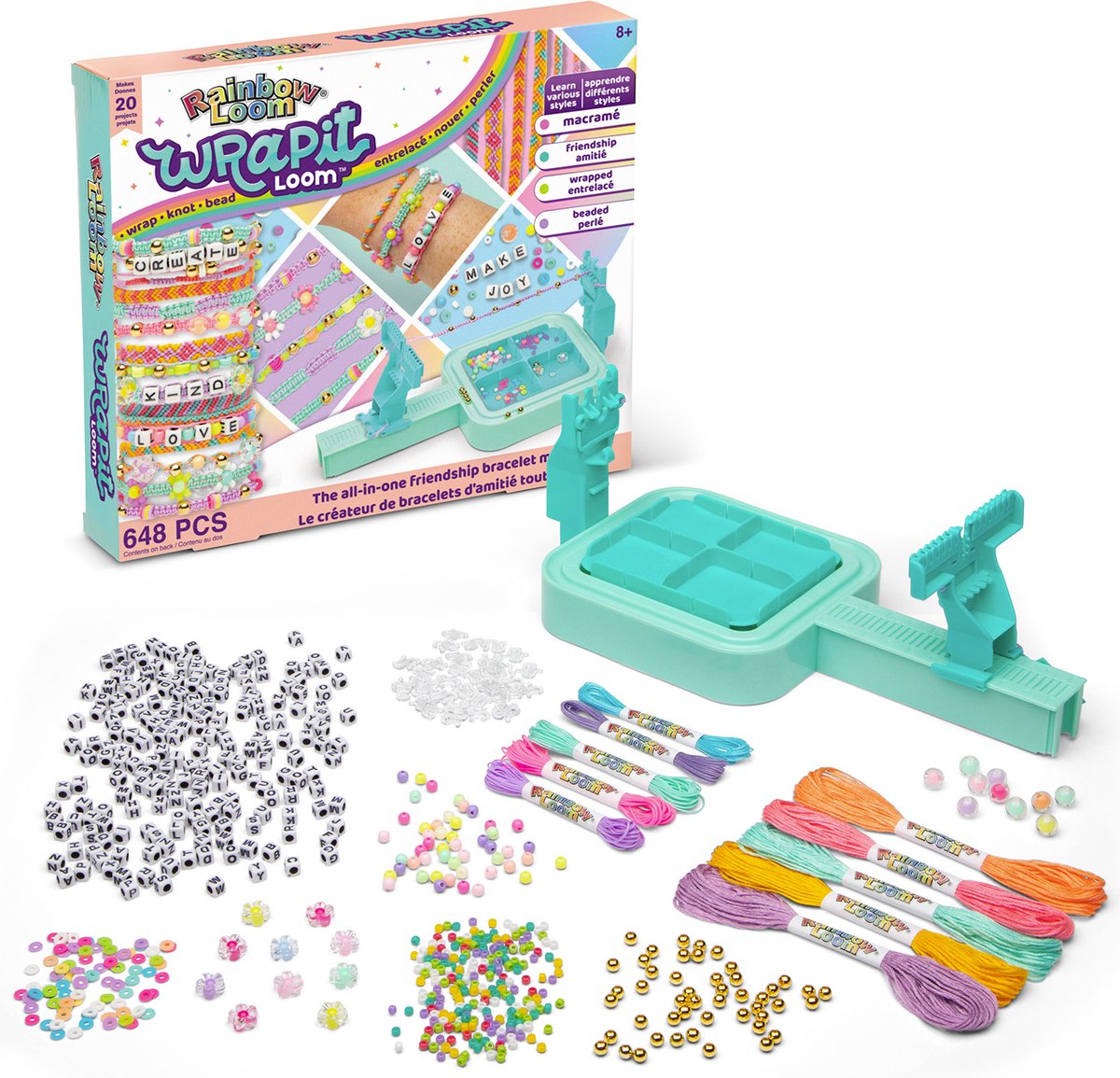 Bandai - regnbuevævsvøb - skabelsessæt til venskabsarmbånd - sæt med 648 dele - 20 gør-det-selv-projekter - makrame, perler, farverige tråde - kreativ hobbygave - legetøj til børn 8 år og + - cd0164