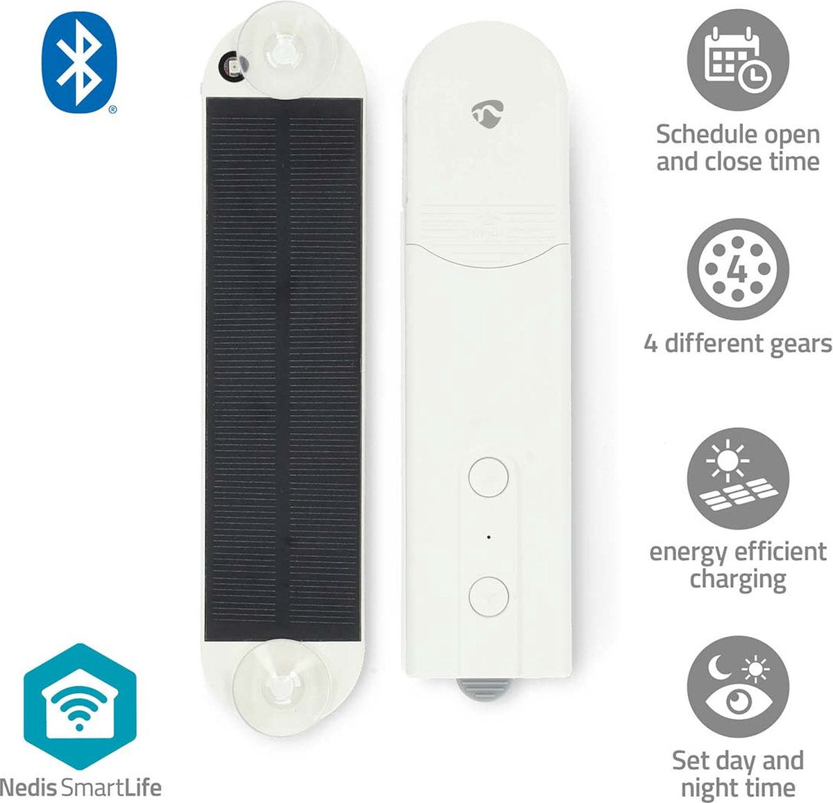 Nedis smartlife gardinrobot – solcelledrevet – Bluetooth – til panel-, rulle- og foldegardiner – hvid