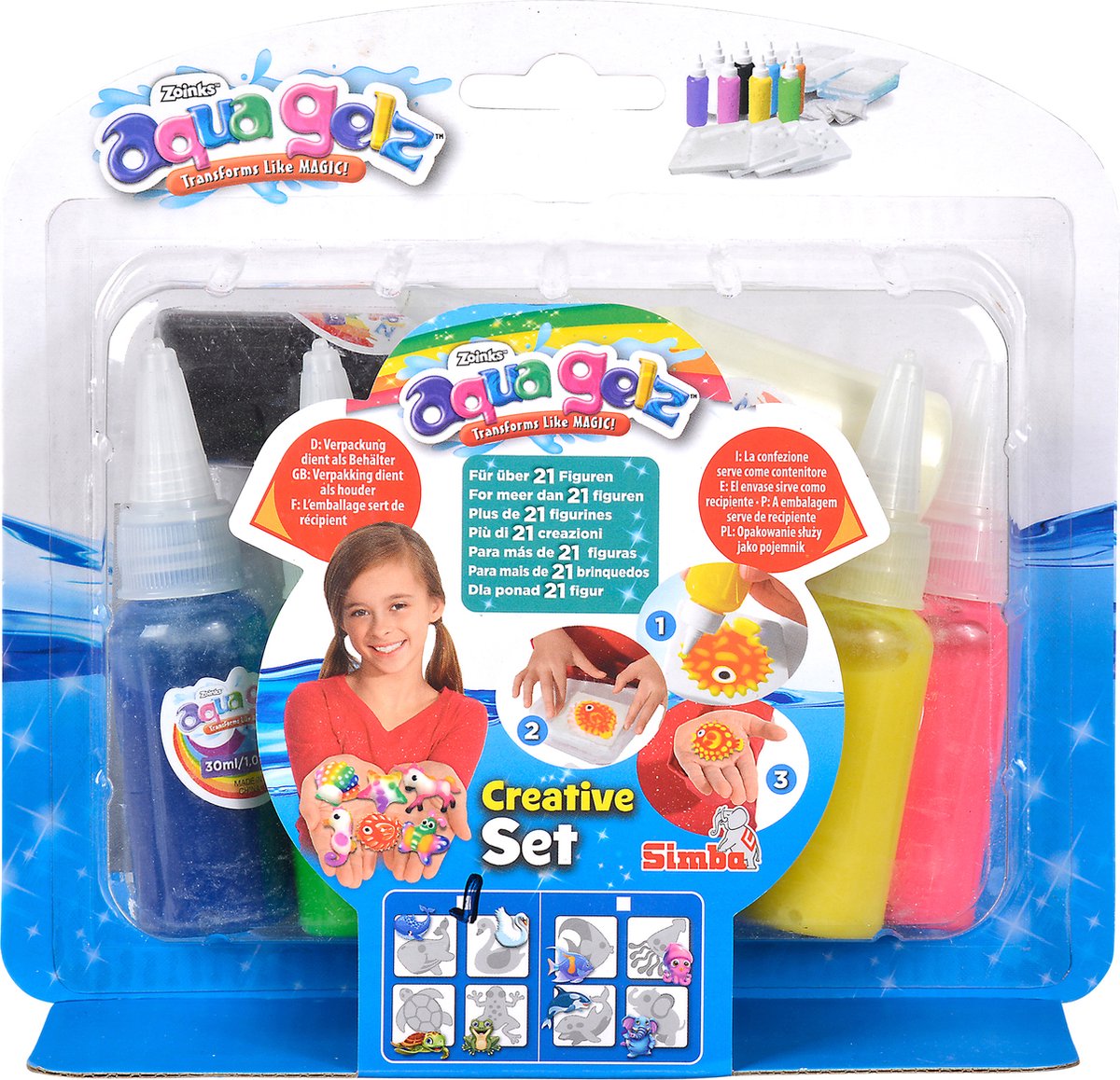 Simba aqua gelz kreativt sæt, 7 flasker farvegelé á 30ml, 4 forme, 4x vandtilsætning, fra 8 år - hobbypakke