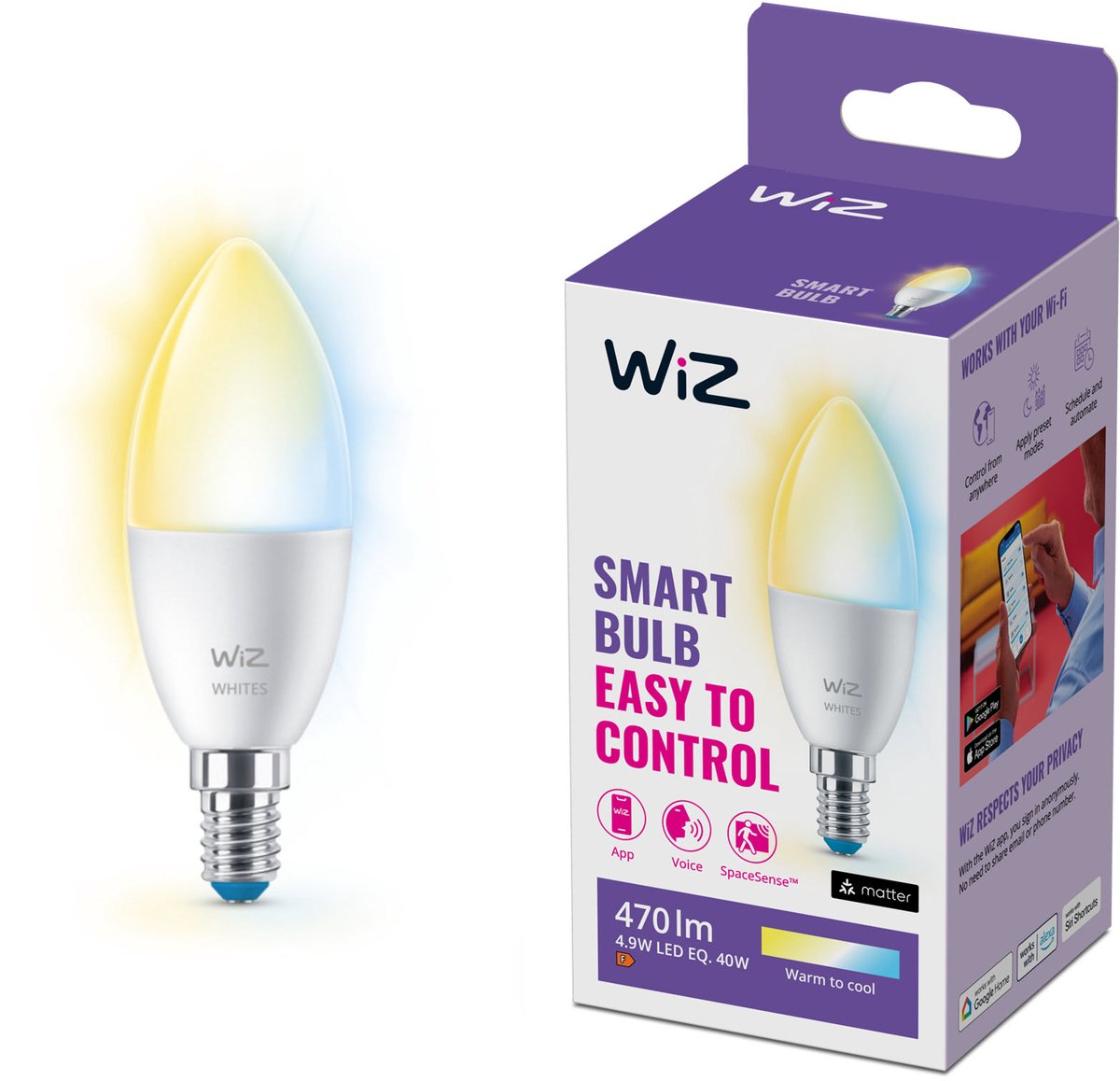 Wiz stearinlyslampe - varmt til køligt hvidt lys - smart LED-belysning - E14 armatur - 40w - mat - wi-fi