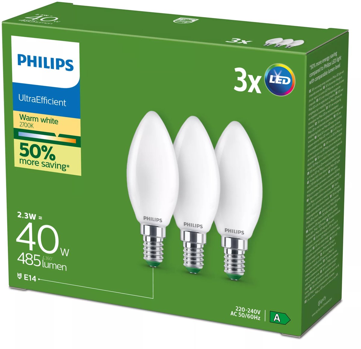Philips filamentkaarslamp mat 40w b35 e14 x3