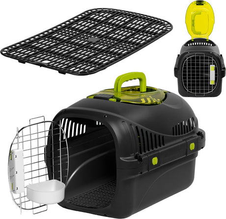 Peluvio Safy kattetransportkasse - rejsekurv - bæretaske til katte op til 5 kg - let foldbar - robust PP-hus metaldør - god ventilation - aftagelig gitter vand- og madskål - sikker og behagelig på vejen