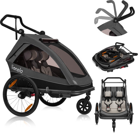 Lionelo cama 2in1 - cykelanhænger og klapvogn til 2 personer - sort - terrængående cykelanhænger - løbevogn - justerbar affjedring - vandafvisende - inklusive tilbehør - foldbar - op til 2x22 kg eller 6 år - til e-cykler og almindelige cykler