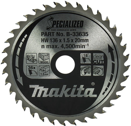 Makita tilbehør rundsavklinge | træ | 136x20x1,5 36t 18g - b-33635