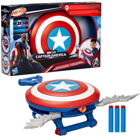 Hasbro marvel studios kaptajn amerika brave new world nerf skyshot blaster, skjold rollelegetøj