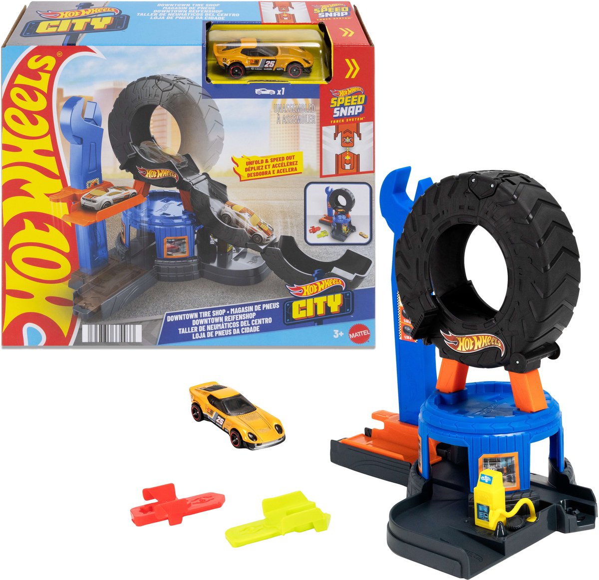 Hot Wheels City Center dækværksted - legesæt og legetøjsbil - velegnet til quick-click-banesystemet