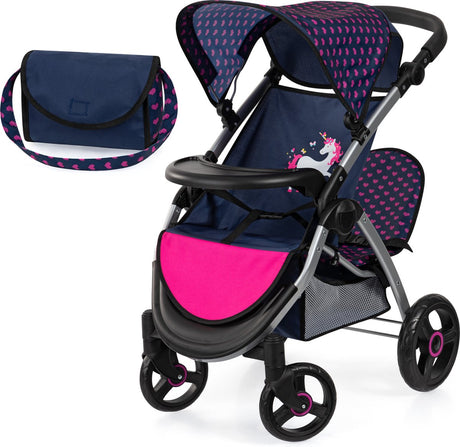 Bayer design tvillingdukkevogn twin xeo, dobbeltdukkevogn, justerbar skubbestang, taske