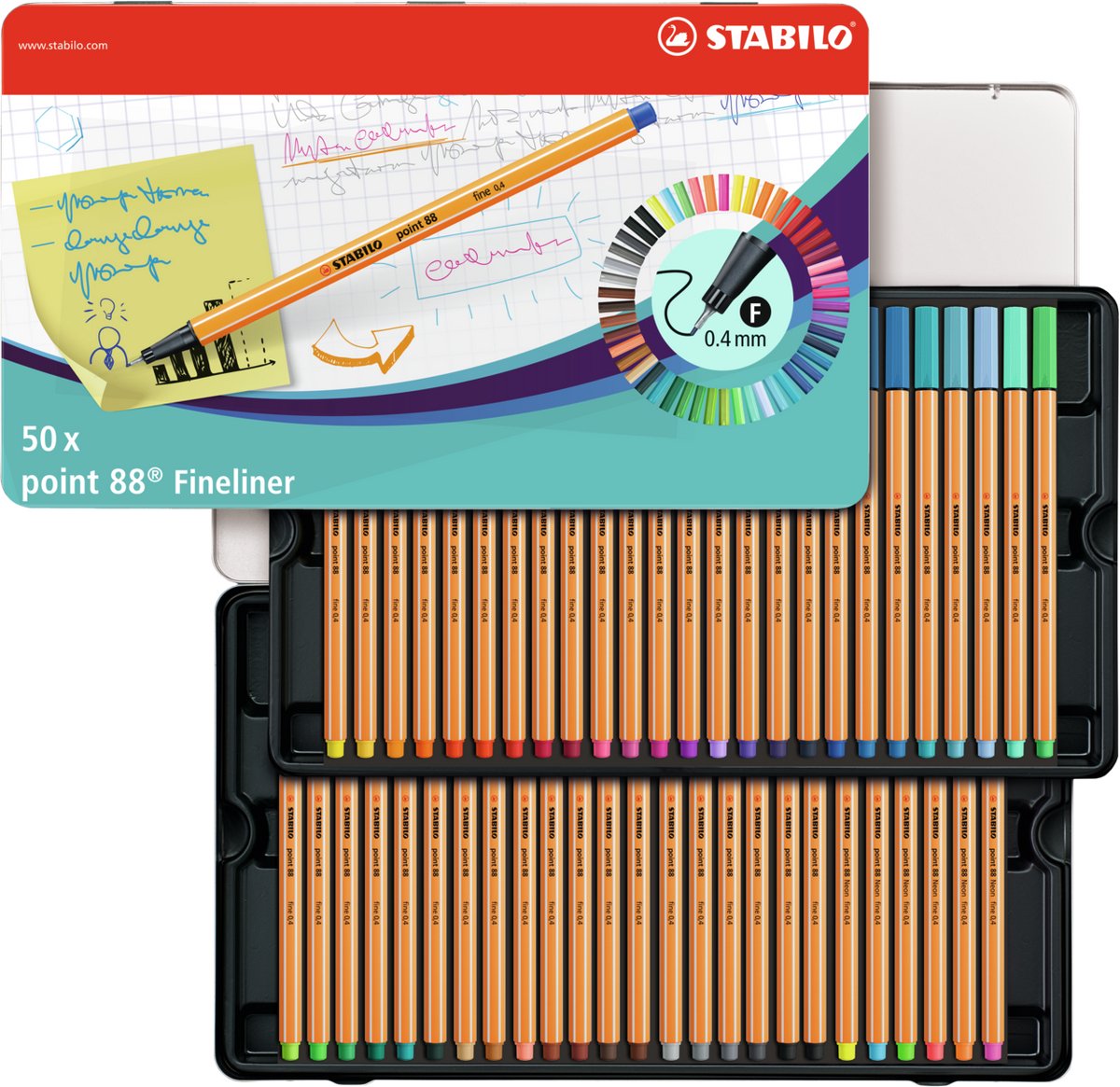 Stabilo point 88 - fineliner 0,4 mm - 50 dele metalkasse - med 47 forskellige farver