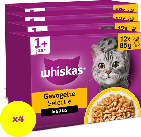 Whiskas kattefoder - voksen 1+ - udvalg af fjerkræ i sauce - 48x85g
