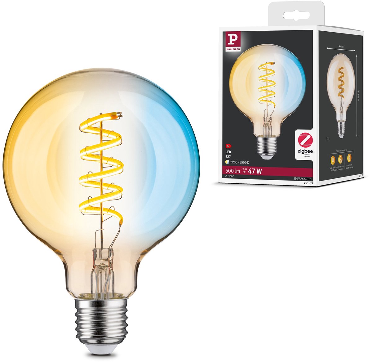 Paulmann Filament 230 V Smart Home Zigbee 3.0 LED Globe G95 E27 600LM 7.5W Tunable Hvid Dæmpbar Guld