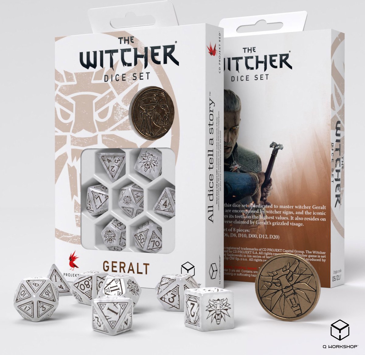 Q-workshop the Witcher terningsæt - geralt - den hvide ulv (7 stykker + mønt)
