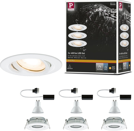 Paulmann LED indbygningslampe Nova Plus sæt af 3 drejelige IP65 runde 93 mm 30° Gu10 3x7W 3x460lm 230V dæmpbar 2700K hvid mat