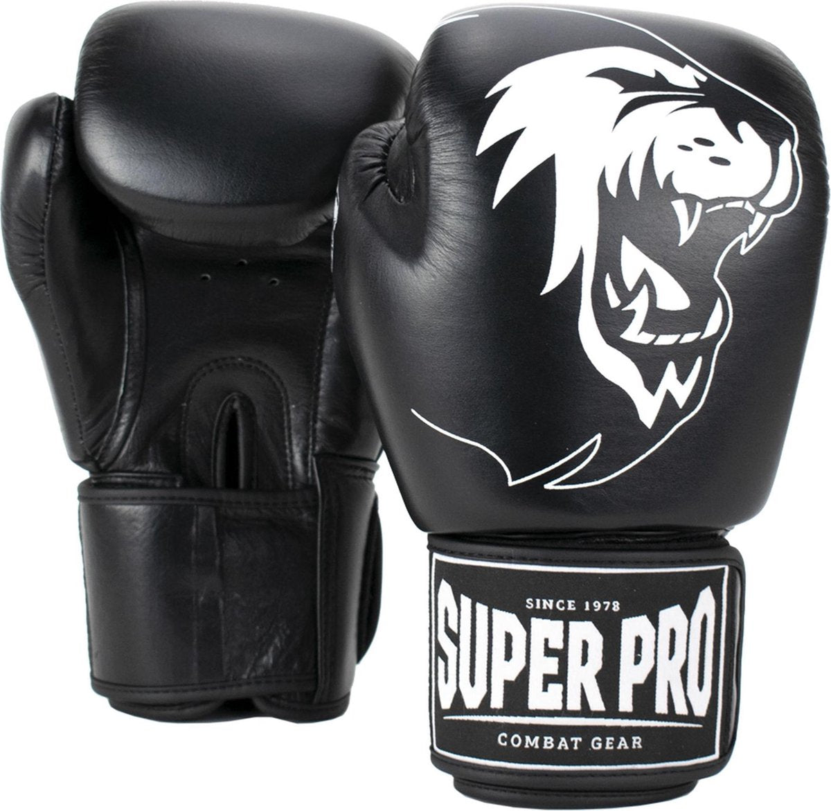 Super pro combat gear warrior lederen (kick)bokshandschoenen zwart wit 16oz