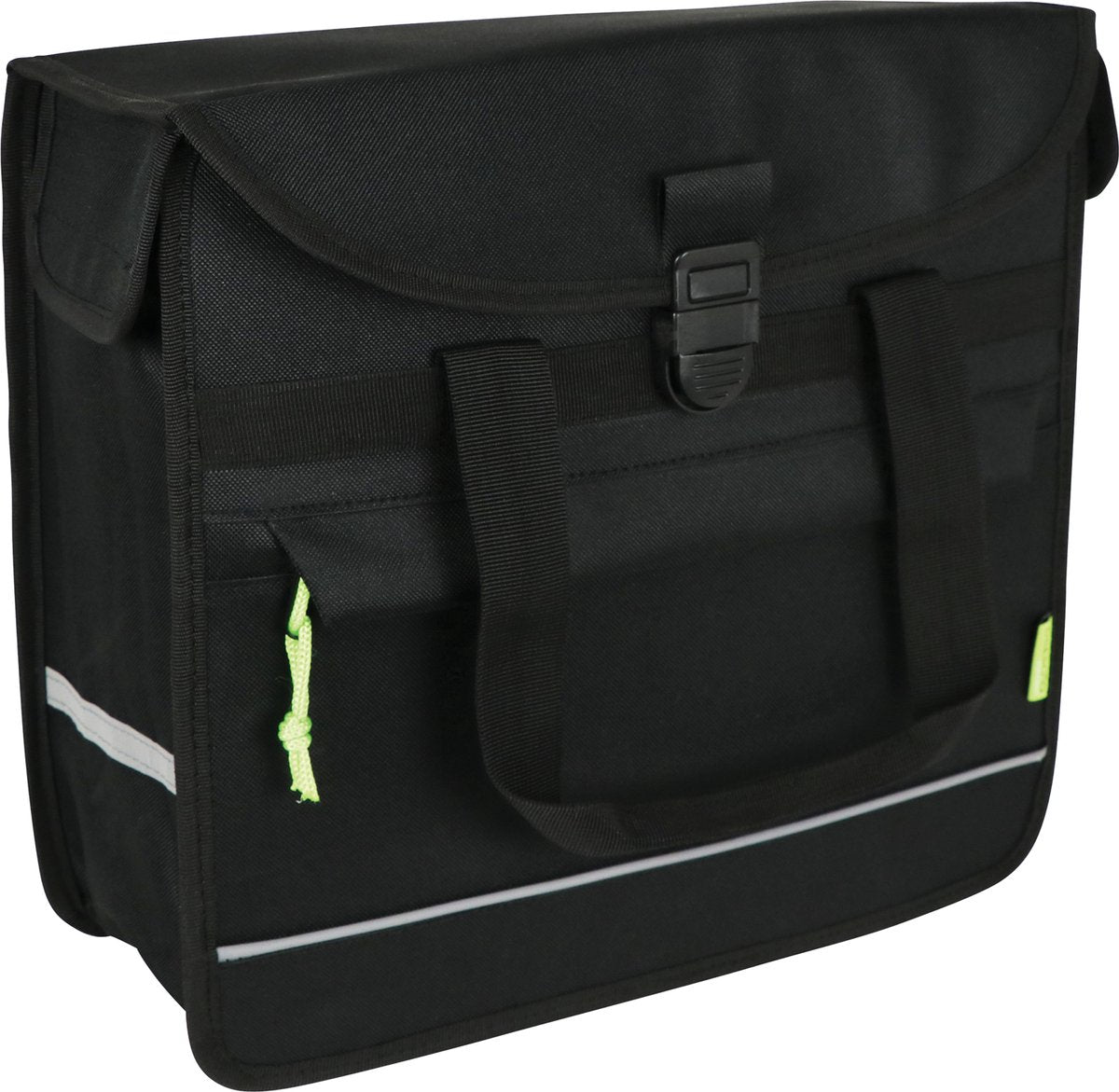Dresco single cykeltaske basic shopper - kapacitet 15 liter - vandafvisende nylon - to monteringskroge Velcro lukning - praktisk frontlomme - refleks foran og bagpå - mål 34x31x13cm