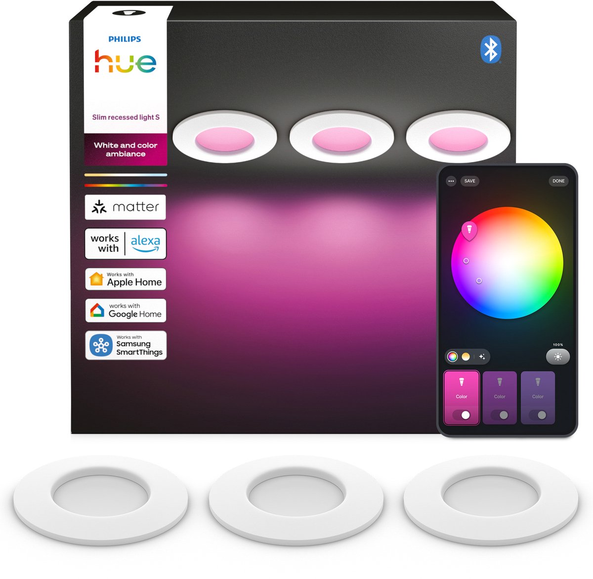 Philips hue dunne led inbouwspot - badkamerverlichting - gu10 fitting - bevat 3 inbouwspots - aanpasbaar wit en gekleurd licht - wit - ip44: spatwaterdicht - ø: 90mm - slimme verlichting