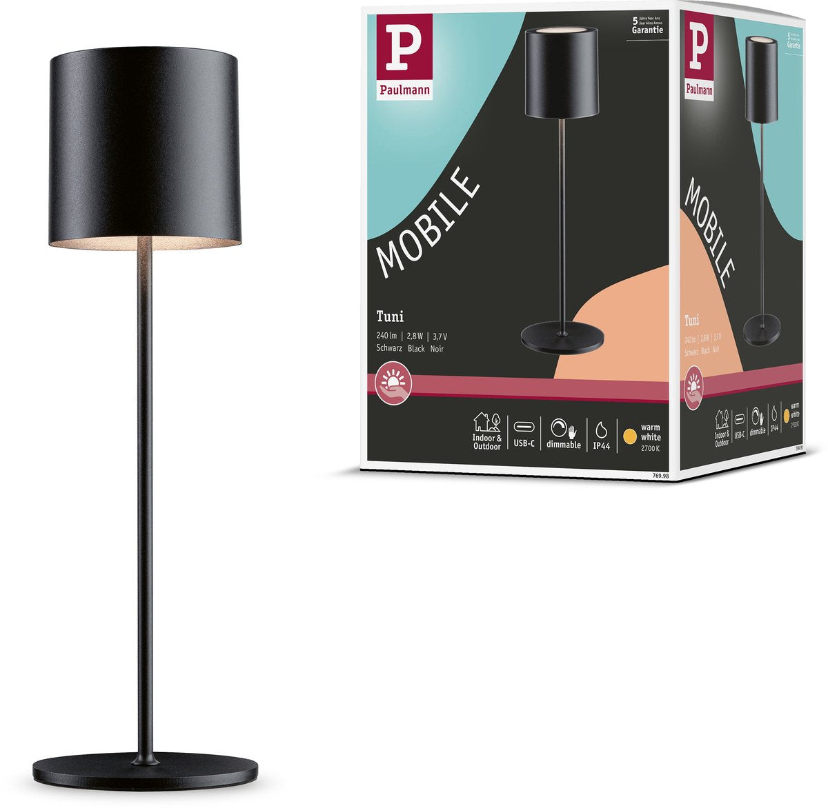 Paulmann batterilampe tuni ip44 dæmpbar 2700k sort mat