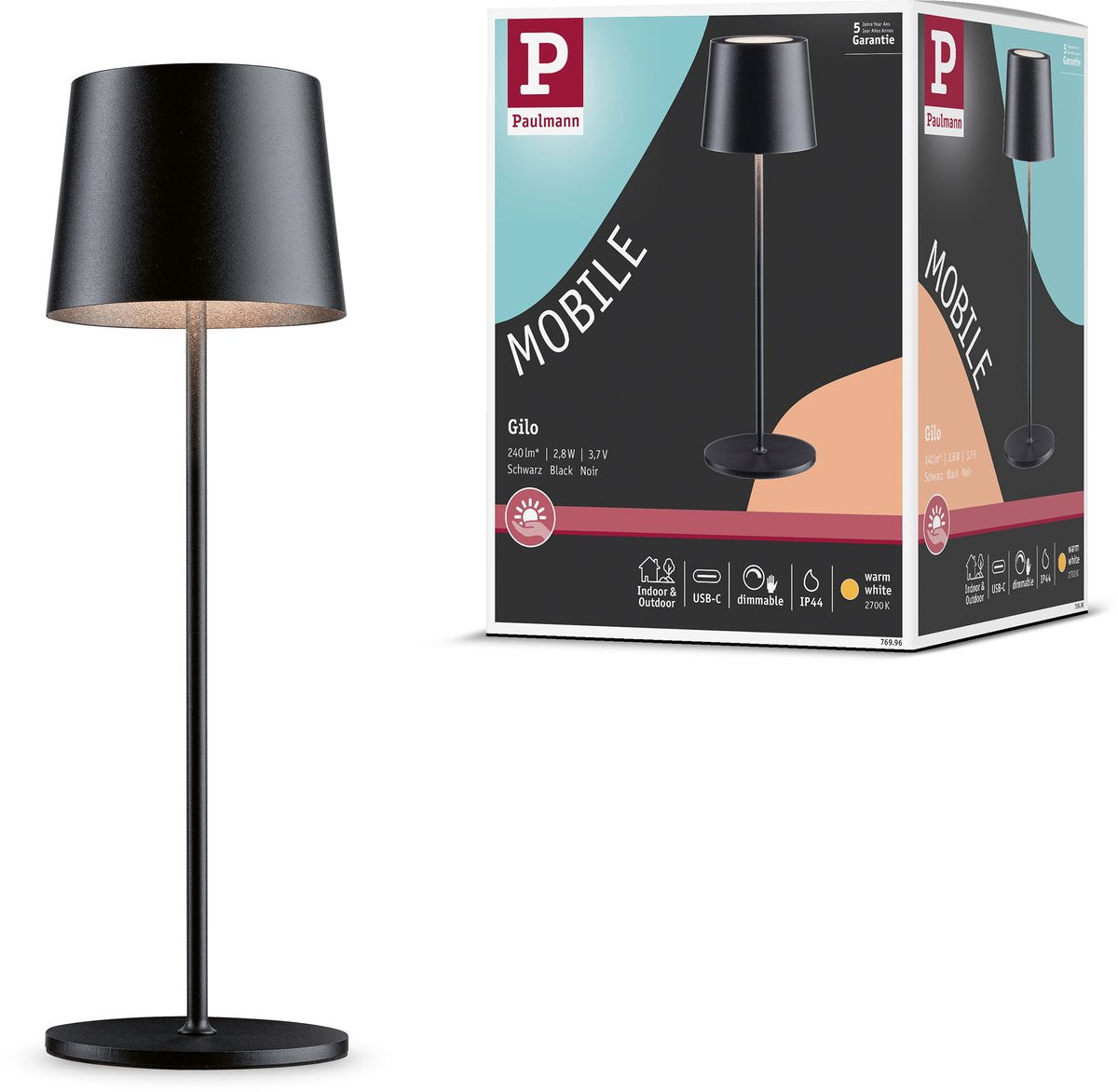 Paulmann batterilampe Gilo IP44 dæmpbar 2700K sort mat