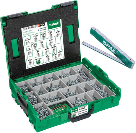 Spax monteringskasse, l-boxx, stor, wirox a9j, t-star plus, forsænket hoved, 16 dimensioner, 2446 stk., inkl. bitkontrol og foldelineal - 5000009160059