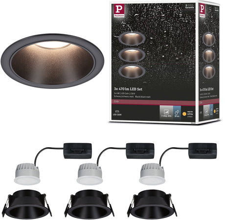 Paulmann LED forsænket lampe 3-trins-dim cole møntsæt med 3 ip44 rund 88mm mønt 3x6w 3x470lm 230v dæmpbar 2700k sort